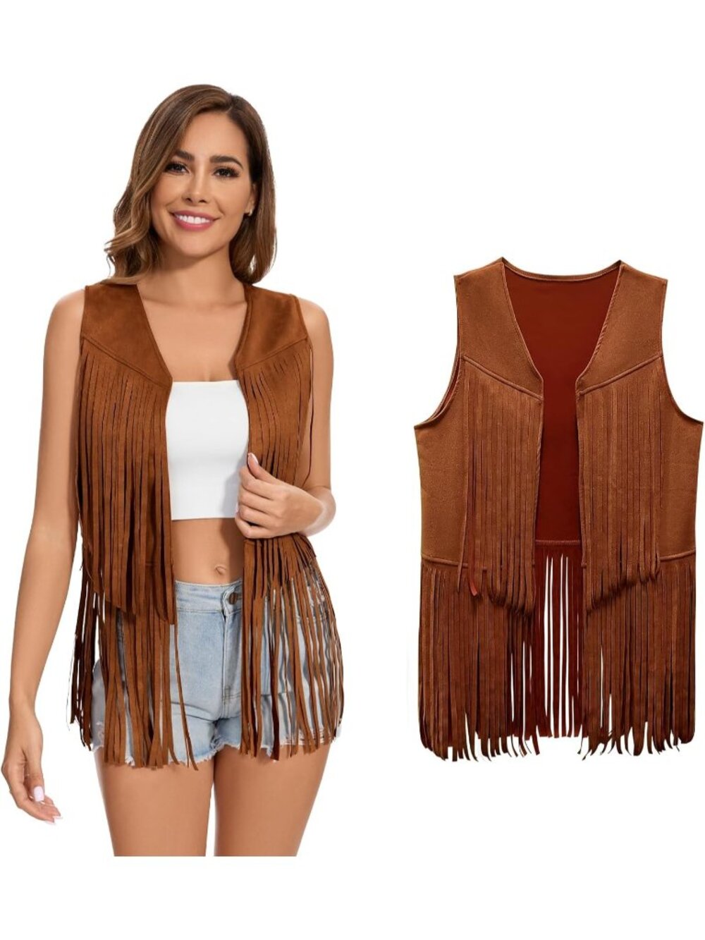 Women's Brown Fringe Vest 60s 70s Hippie Vest Sleeveless Cowgirl Western Jacket